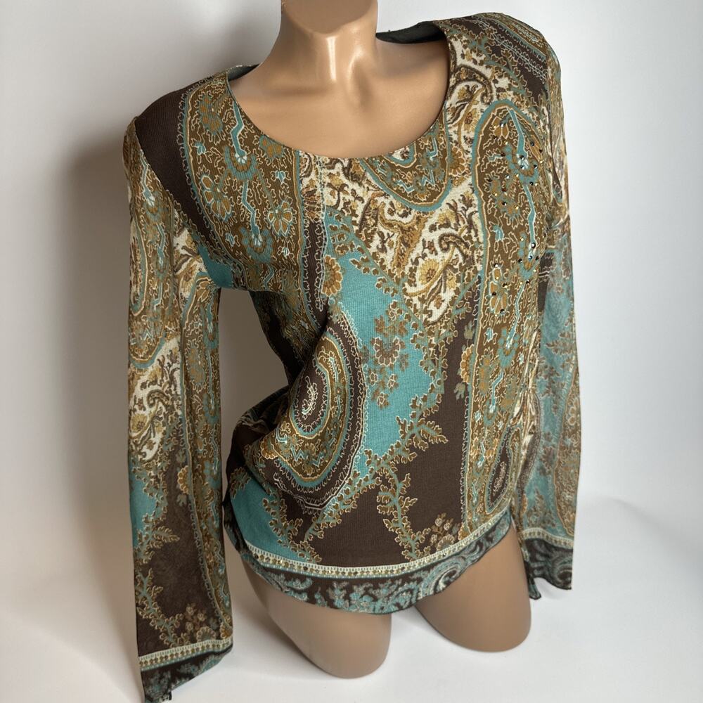 Vintage Cellini Italy Brown Teal Paisley Mesh Top Rhinestone Beaded Boho Y2K M